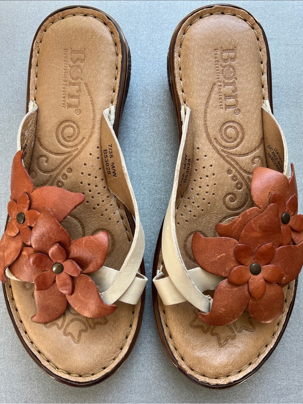 Born | Two-Tone Floral Leather Slide Sandals in Tan and Rust